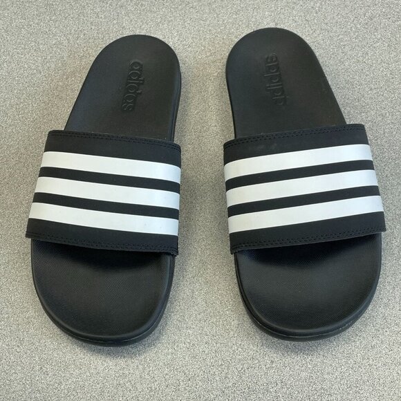NWOB Adidas Women's 6 Cloudfoam Adilette Comfort Slides Black White Stripe - Picture 2 of 7